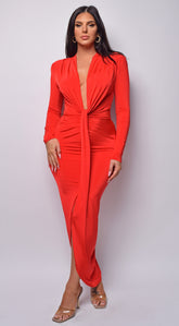 Celeste Bright Red V Plunge Drape Dress